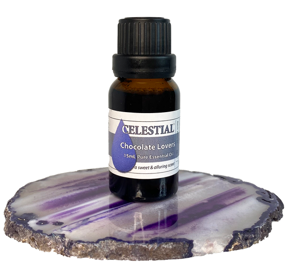 CELESTIAL Chocolate Lovers Essential Oil Blend in amber coloured glass bottle